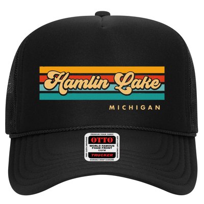 Vintage Sunset Stripes Hamlin Lake Michigan Trucker Hat