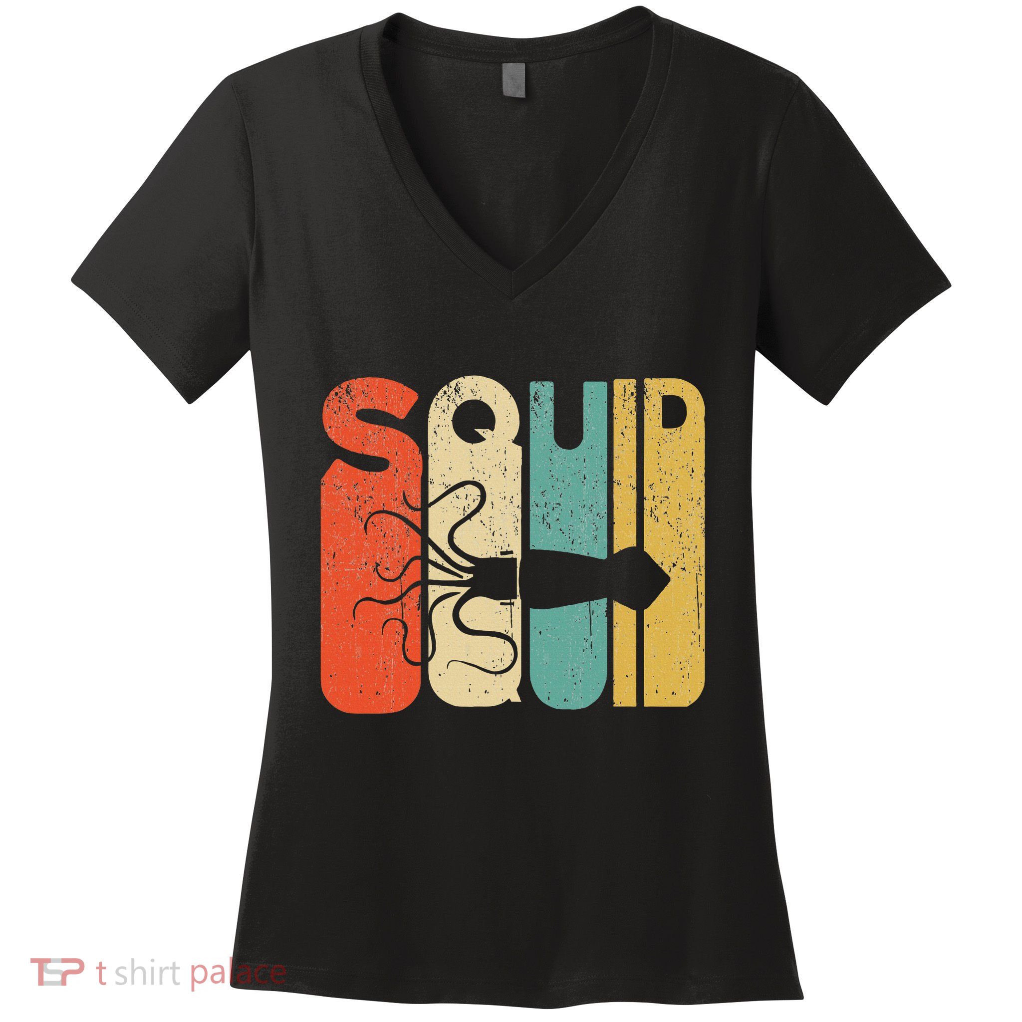 Vintage Style Squid Silhouette Funny Squid Women's V-Neck T-Shirt