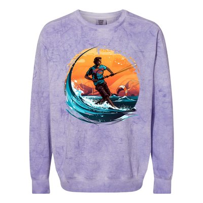 Vintage Sunset Surfing Design Kite Surfing Funny Gift Colorblast Crewneck Sweatshirt