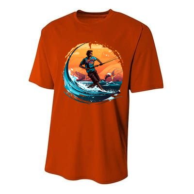 Vintage Sunset Surfing Design Kite Surfing Funny Gift Performance Sprint T-Shirt