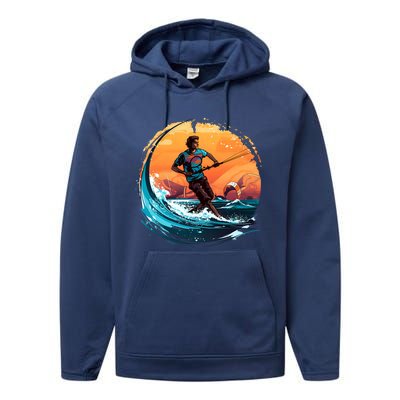 Vintage Sunset Surfing Design Kite Surfing Funny Gift Performance Fleece Hoodie