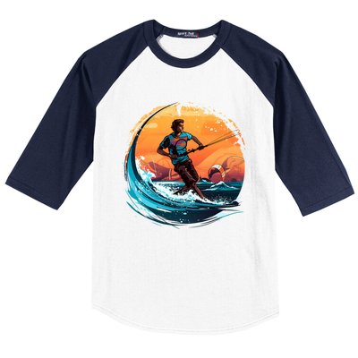 Vintage Sunset Surfing Design Kite Surfing Funny Gift Baseball Sleeve Shirt