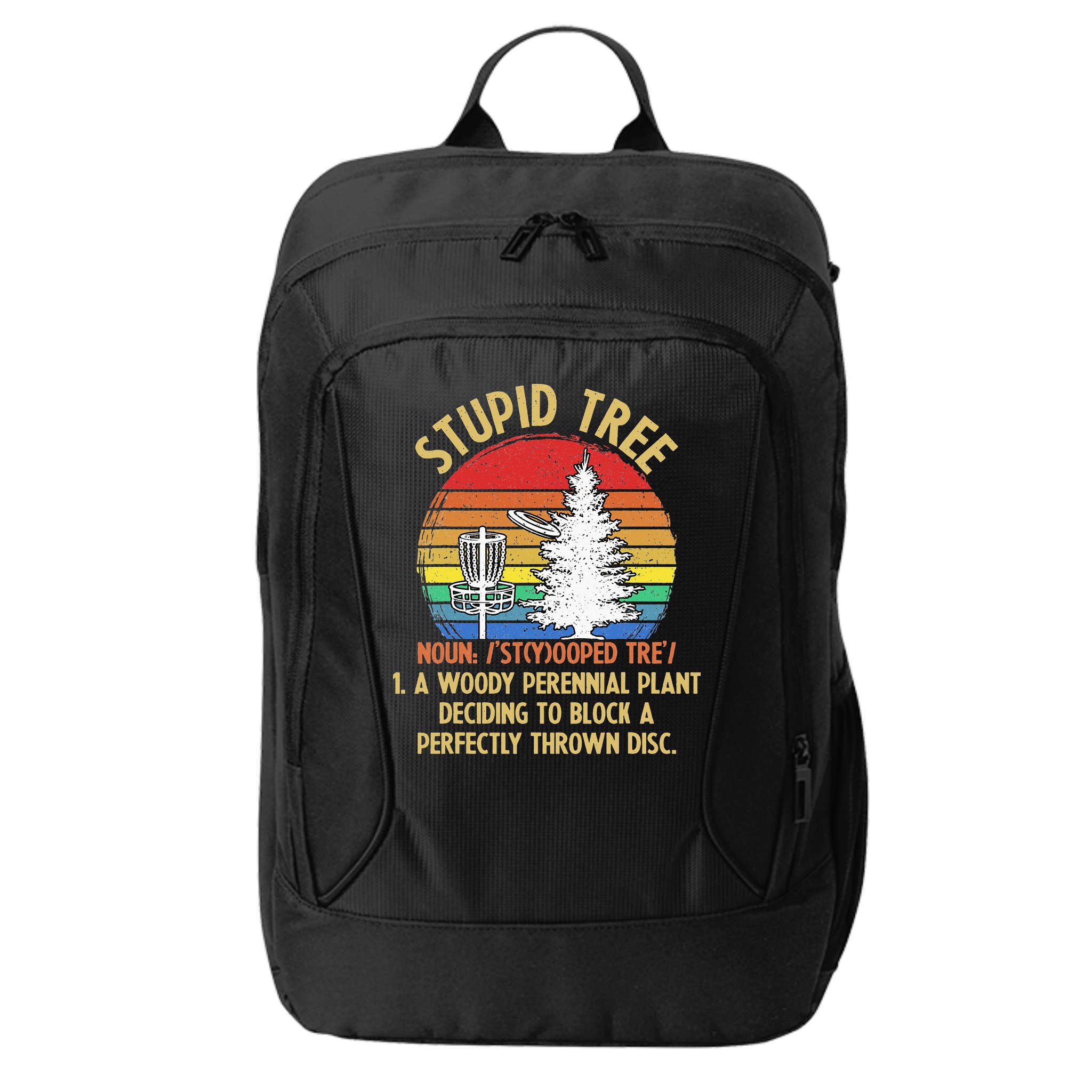 Vintage Sunset Stupid Tree Disc Golf Funny Fans City Backpack