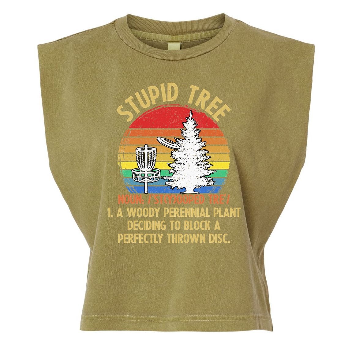 Vintage Sunset Stupid Tree Disc Golf Funny Fans Garment-Dyed Women's Muscle Tee