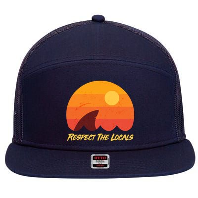 Vintage Sunset Shark Respect The Locals 7 Panel Mesh Trucker Snapback Hat