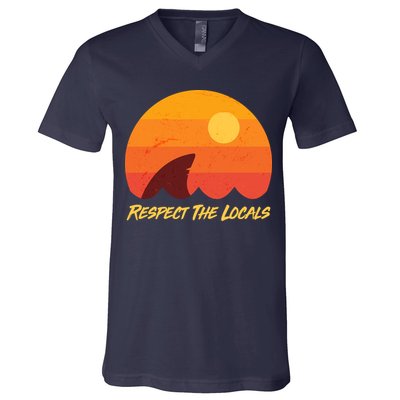 Vintage Sunset Shark Respect The Locals V-Neck T-Shirt