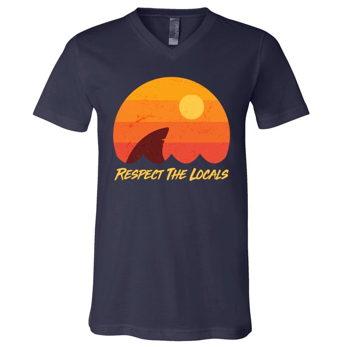 Vintage Sunset Shark Respect The Locals V-Neck T-Shirt