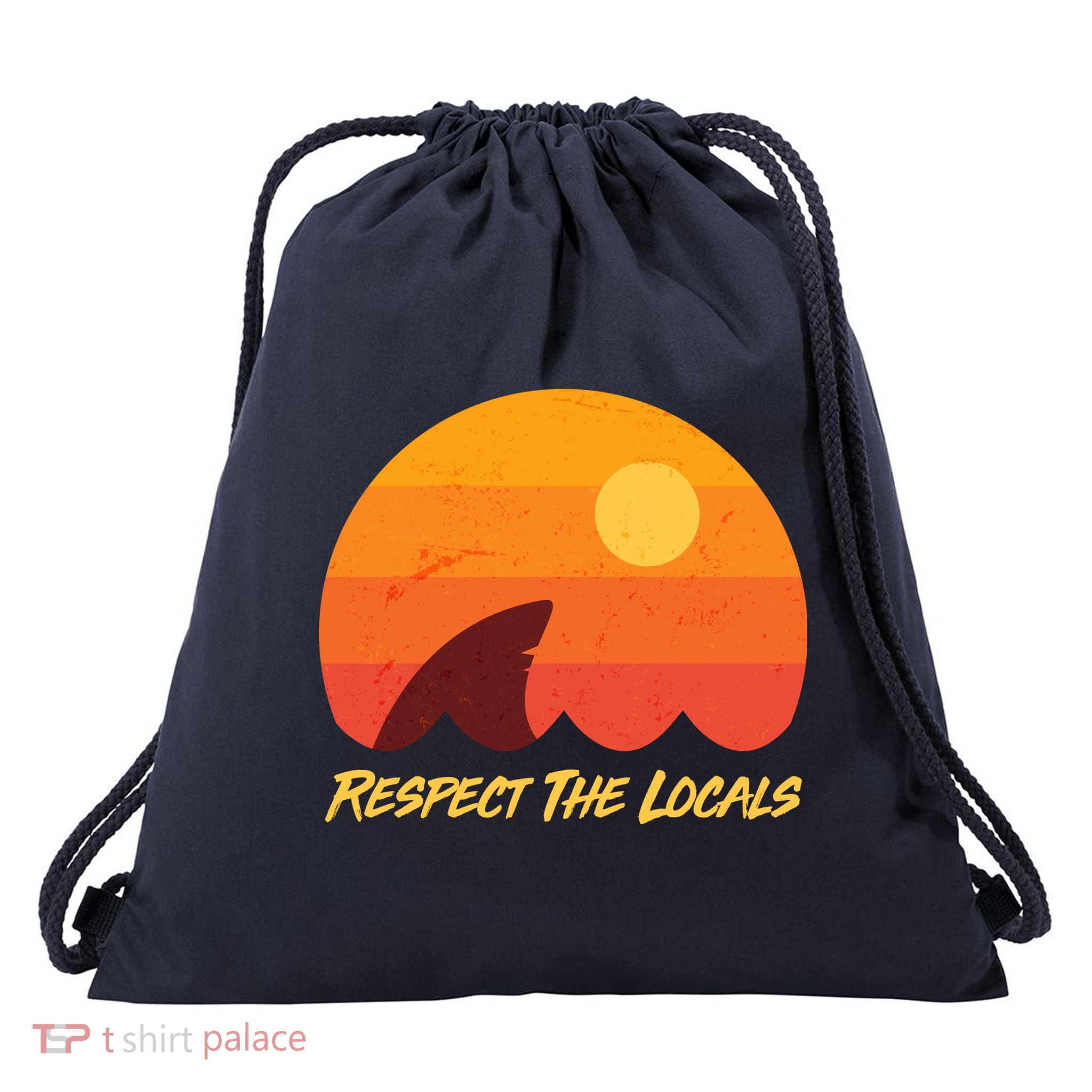 Vintage Sunset Shark Respect The Locals Drawstring Bag