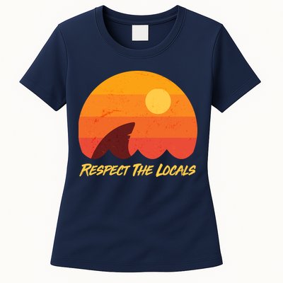Vintage Sunset Shark Respect The Locals Womens T-Shirt