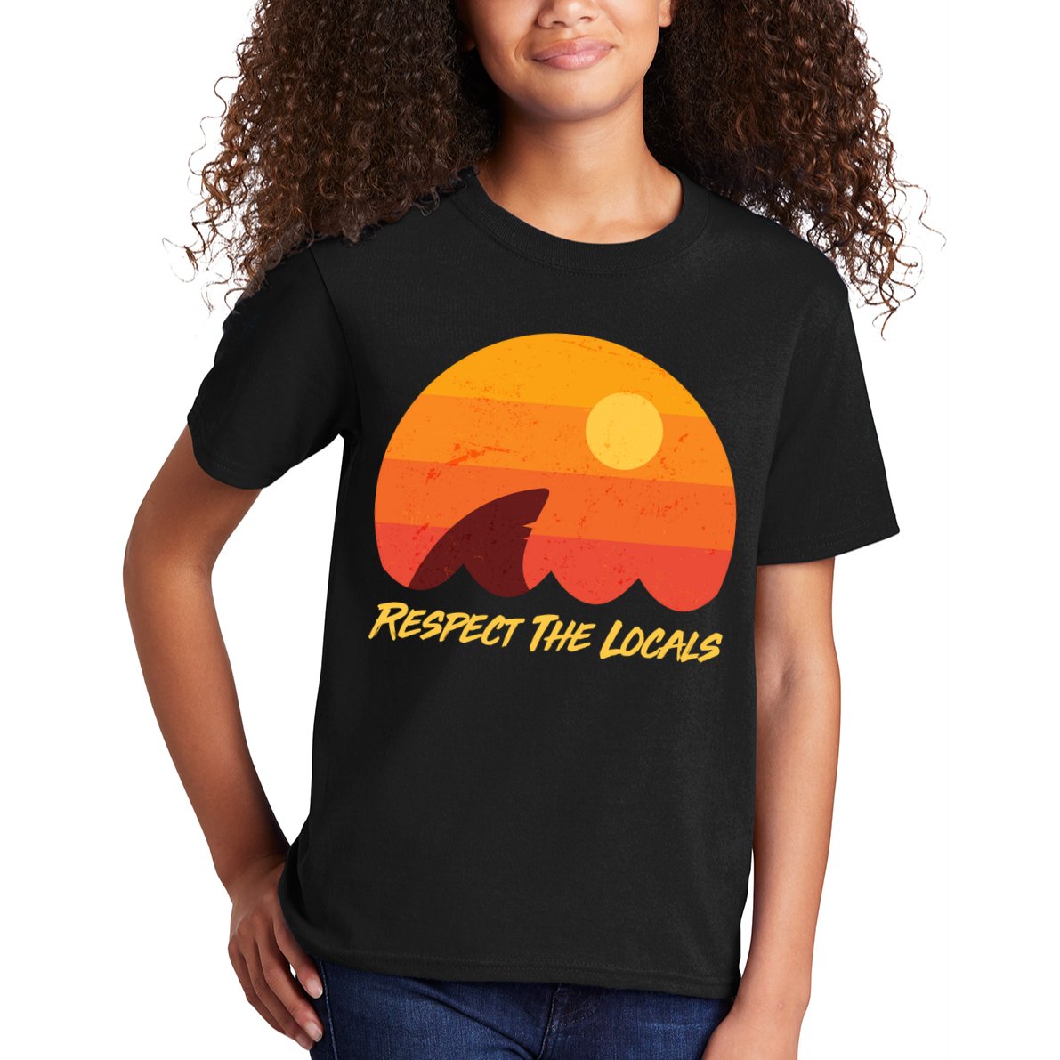 Vintage Sunset Shark Respect The Locals Kids T-Shirt