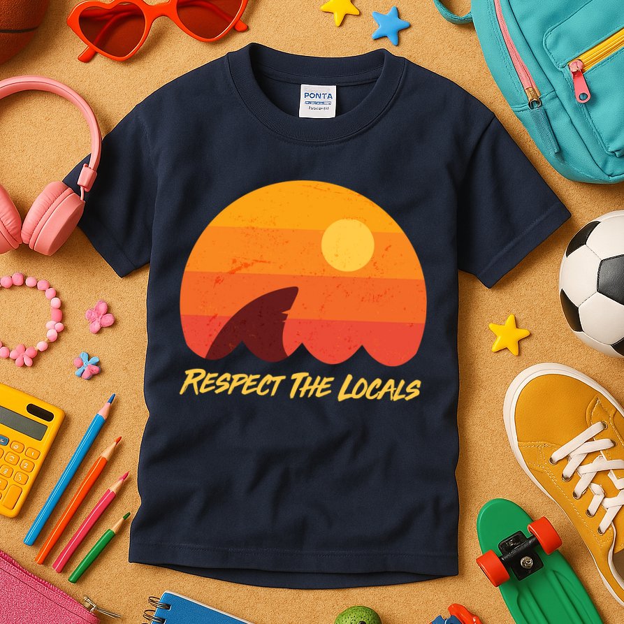 Vintage Sunset Shark Respect The Locals Kids T-Shirt