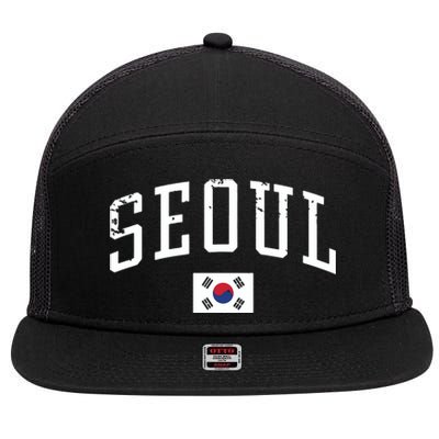 Vintage Seoul South Korea Country Flag Souvenir Vacation 7 Panel Mesh Trucker Snapback Hat