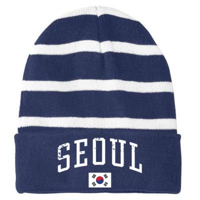 Vintage Seoul South Korea Country Flag Souvenir Vacation Striped Beanie with Solid Band