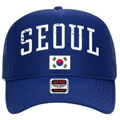 Vintage Seoul South Korea Country Flag Souvenir Vacation High Crown Mesh Back Trucker Hat