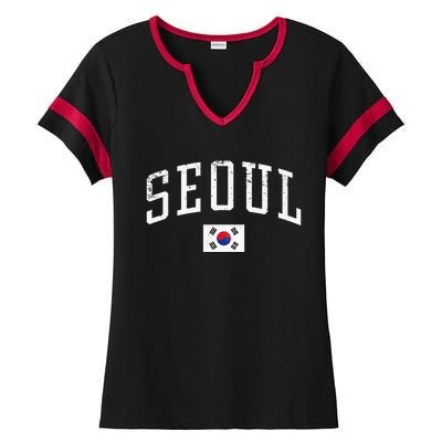 Vintage Seoul South Korea Country Flag Souvenir Vacation Ladies Halftime Notch Neck Tee