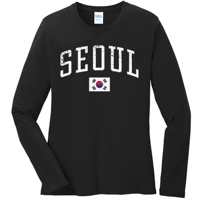 Vintage Seoul South Korea Country Flag Souvenir Vacation Ladies Long Sleeve Shirt