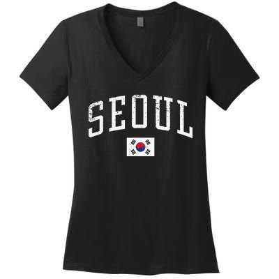 Vintage Seoul South Korea Country Flag Souvenir Vacation Women's V-Neck T-Shirt