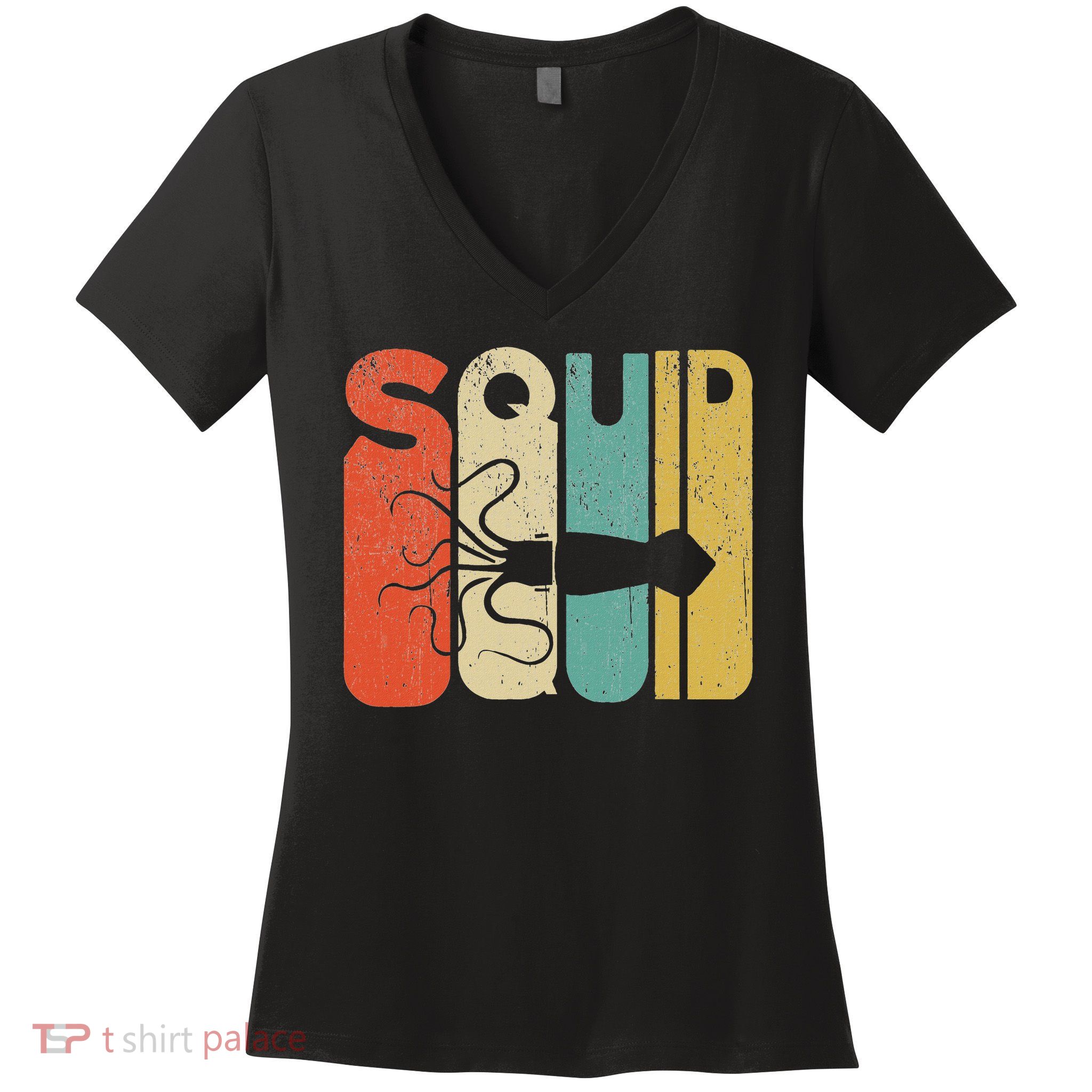 Vintage Style Squid Silhouette Funny Squid Women's V-Neck T-Shirt