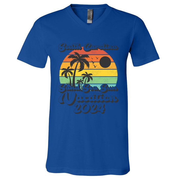 Vintage Sand Sea Sun Vacation 2024 South Carolina Beach Gift V-Neck T-Shirt