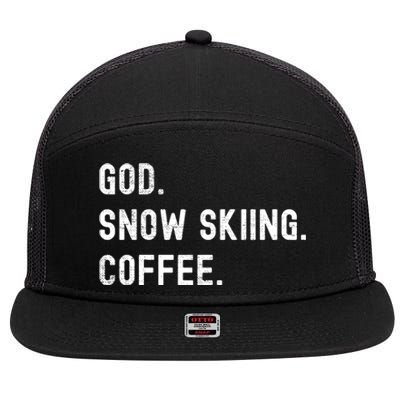 Vintages Snow Skiing And Coffee Distressed Gift 7 Panel Mesh Trucker Snapback Hat