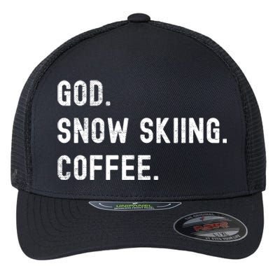 Vintages Snow Skiing And Coffee Distressed Gift Flexfit Unipanel Trucker Cap