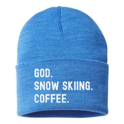 Vintages Snow Skiing And Coffee Distressed Gift Sustainable Knit Beanie