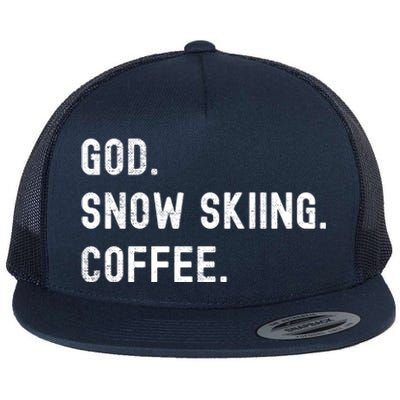 Vintages Snow Skiing And Coffee Distressed Gift Flat Bill Trucker Hat