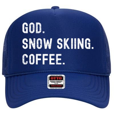 Vintages Snow Skiing And Coffee Distressed Gift High Crown Mesh Back Trucker Hat