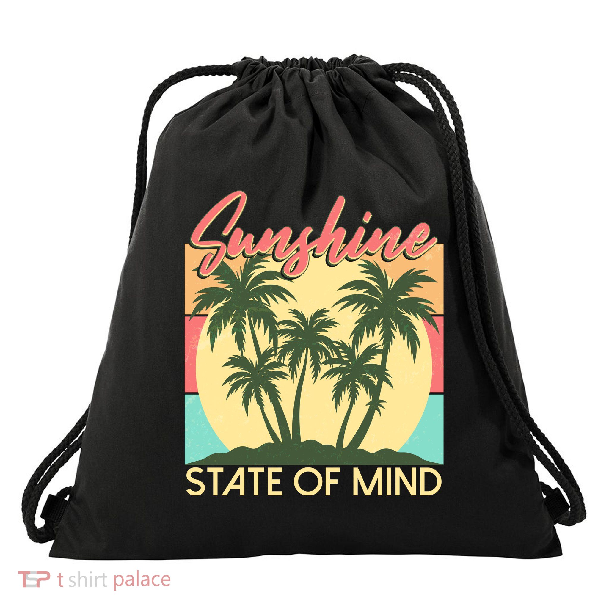 Vintage Sunshine State Of Mind Tropical Palm Trees Vacation Time Drawstring Bag