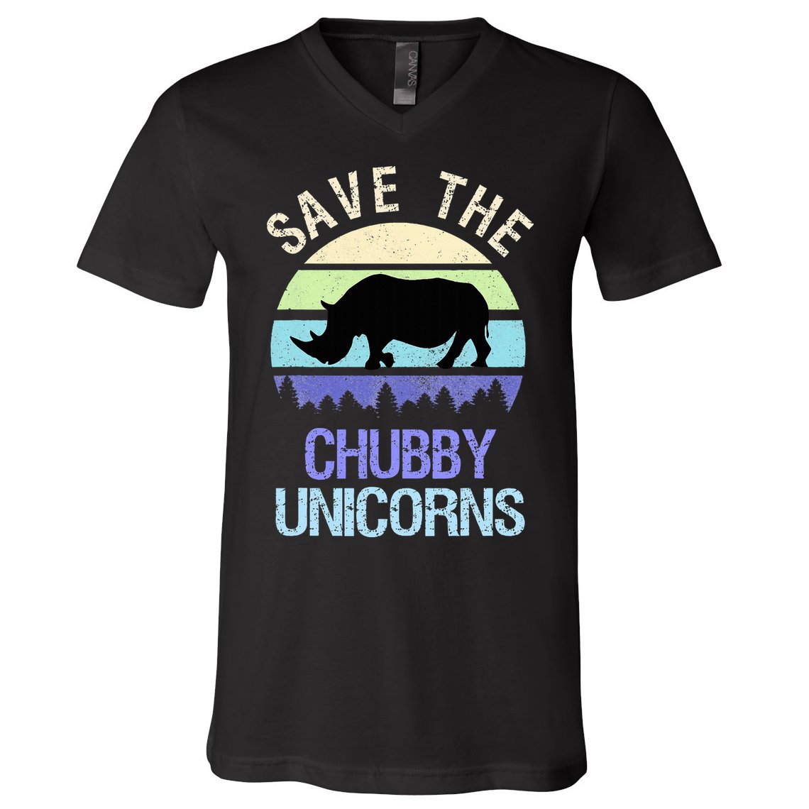 Vintage Sunset Save The Chubby Unicorns Fat Rhino  V-Neck T-Shirt