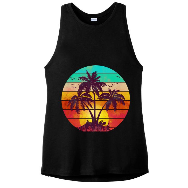 Vintage Sunset Sunrise Palm Tree Island Ladies PosiCharge Tri-Blend Wicking Tank