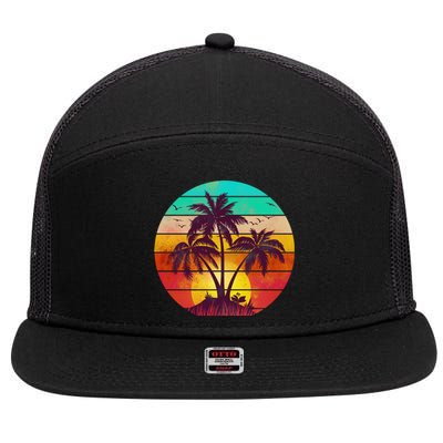 Vintage Sunset Sunrise Palm Tree Island 7 Panel Mesh Trucker Snapback Hat