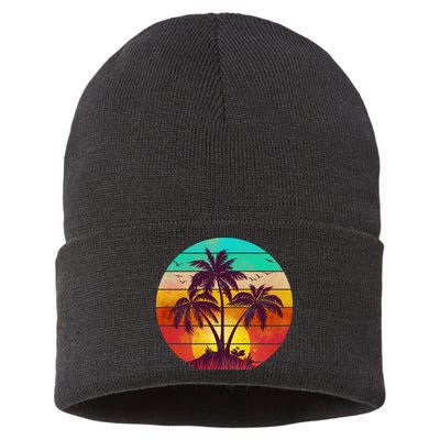 Vintage Sunset Sunrise Palm Tree Island Sustainable Knit Beanie