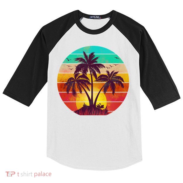 Vintage Sunset Sunrise Palm Tree Island Kids Colorblock Raglan Jersey