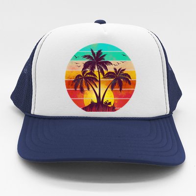 Vintage Sunset Sunrise Palm Tree Island Trucker Hat