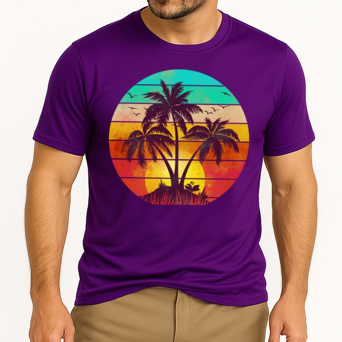 Vintage Sunset Sunrise Palm Tree Island Cooling Performance Crew T-Shirt