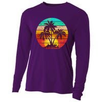 Vintage Sunset Sunrise Palm Tree Island Cooling Performance Long Sleeve Crew