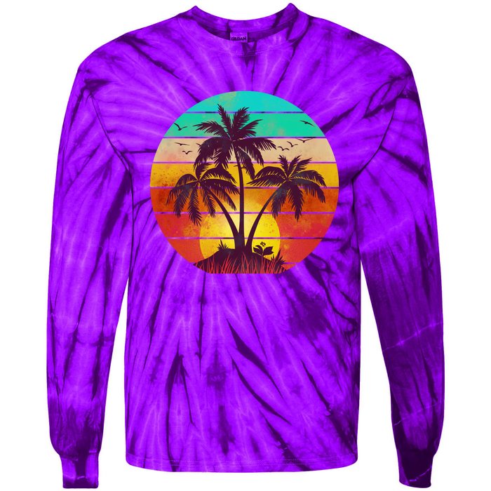 Vintage Sunset Sunrise Palm Tree Island Tie-Dye Long Sleeve Shirt