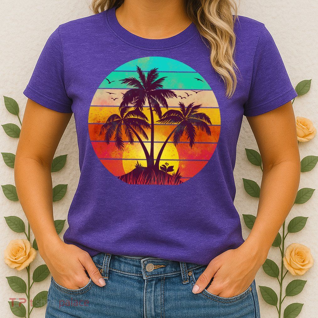 Vintage Sunset Sunrise Palm Tree Island Womens T-Shirt