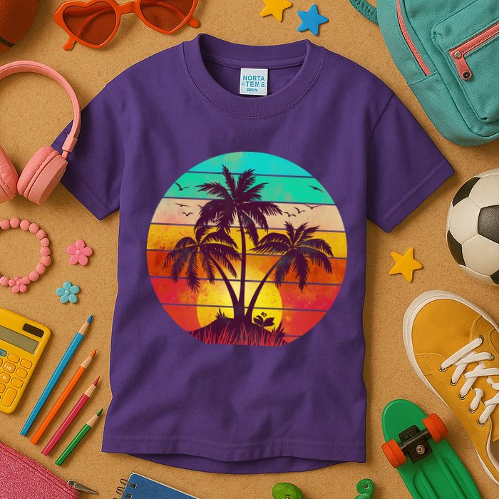 Vintage Sunset Sunrise Palm Tree Island Kids T-Shirt