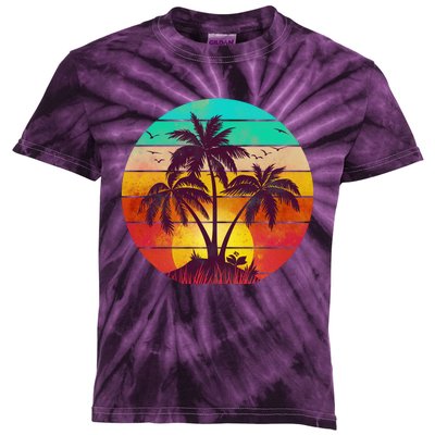 Vintage Sunset Sunrise Palm Tree Island Kids Tie-Dye T-Shirt