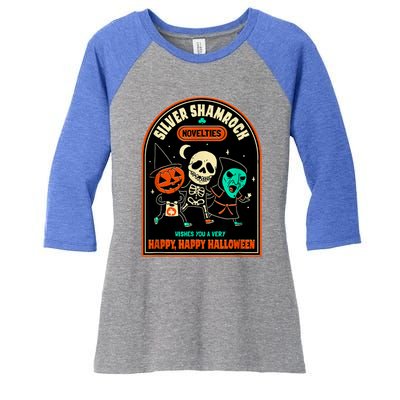 Vintage Silver Shamrock Novelties Happy Happy Halloween Women's Tri-Blend 3/4-Sleeve Raglan Shirt