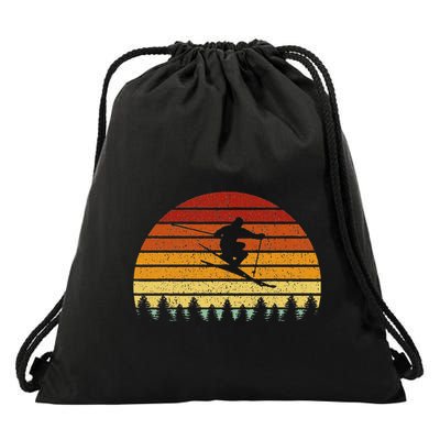 Vintage Sunset Skiing Gift For Skiers Drawstring Bag