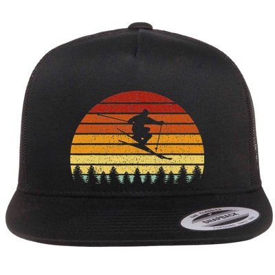Vintage Sunset Skiing Gift For Skiers Flatbill Hat