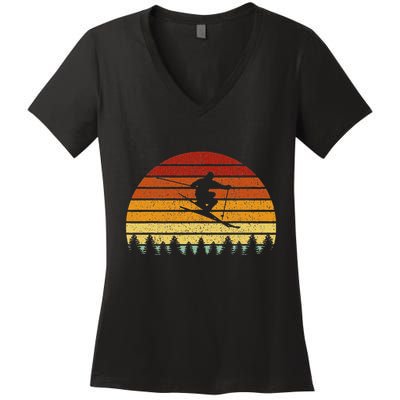Vintage Sunset Skiing Gift For Skiers Women's V-Neck T-Shirt