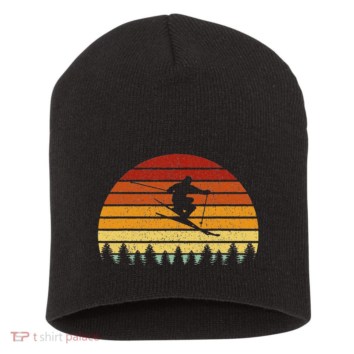 Vintage Sunset Skiing Gift For Skiers Short Acrylic Beanie