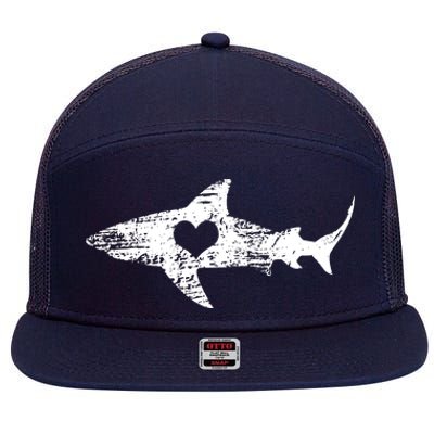 Vintage Shark Silhouette Hammerhead Shark Tiger Shark Heart 7 Panel Mesh Trucker Snapback Hat