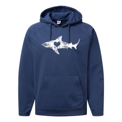 Vintage Shark Silhouette Hammerhead Shark Tiger Shark Heart Performance Fleece Hoodie