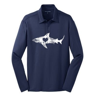 Vintage Shark Silhouette Hammerhead Shark Tiger Shark Heart Silk Touch Performance Long Sleeve Polo