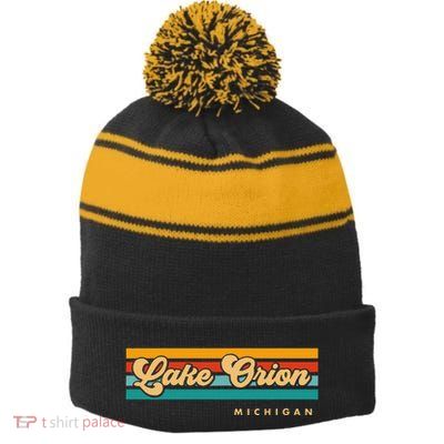 Vintage Sunset Stripes Lake Orion Michigan Stripe Pom Pom Beanie